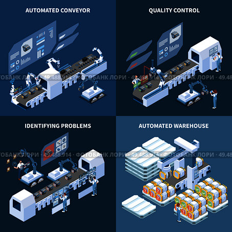 Intelligent manufacturing isometric design concept with robotized conveyor automated warehouse identifying problems quality control isolated vector illustration. Стоковая иллюстрация, агентство Ingram Publishing / Фотобанк Лори