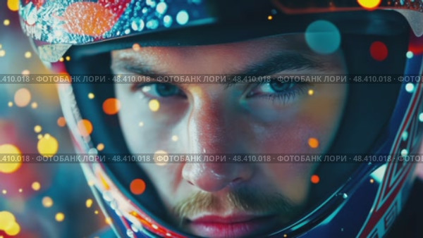 Intense close-up of a determined racer's face through a helmet visor, conveying speed, competition, and adrenaline. Стоковое AI-видео, аниматор Данила Большаков / Фотобанк Лори