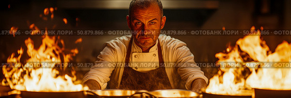 Intense cuisine: A chef's fiery realm for preparing culinary mastery with burning flames, for a food blog promotion. Стоковое AI-изображение, AI-художник Данила Большаков / Фотобанк Лори