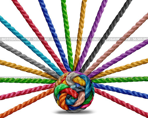 Interconnected Diversity Metaphor as a symbol of a diverse society and team communication or radiating network and networking from a central point as ropes intertwined. Стоковое фото, агентство Ingram Publishing / Фотобанк Лори