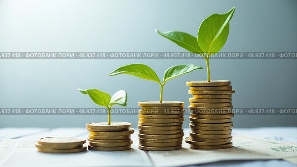 interest rates and dividends, Business people calculate and higher graphs and percentages investment returns, stock return income, retirement Compensation fund, investment. Стоковое AI-изображение, AI-художник Sergey Grishin / Фотобанк Лори
