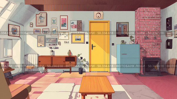 Interior of a cozy room in constructivist style. Стоковое AI-изображение, AI-художник ALLA YURTAYEVA / Фотобанк Лори