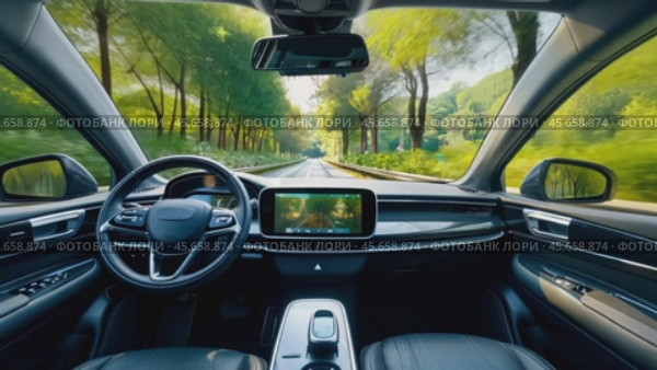 interior of a modern self-driving car driving along a tree-lined road without a driver at the wheel. Стоковое AI-видео, аниматор Александр Довянский / Фотобанк Лори