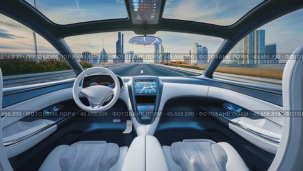 interior of a modern self-driving car with a picturesque city road of a metropolis outside the windows, without a driver at the wheel. Стоковое AI-видео, аниматор Александр Довянский / Фотобанк Лори