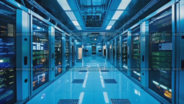 Interior of an IT department in action, servers and networks in a contemporary data center. Стоковое AI-видео, аниматор Михаил Строгалев / Фотобанк Лори