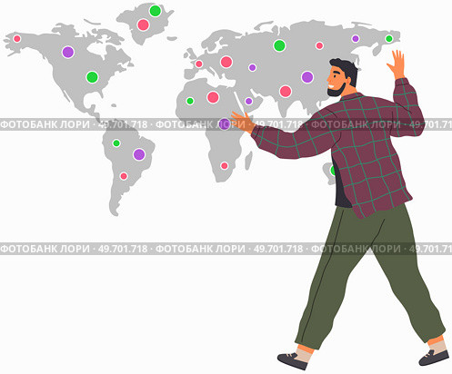 International business visual concept. Businessman stands at big world map shows and tells direction of movement of wold trade. Successful Trader. Social network. Travel agency manager at work. International business concept. Businessman stands at big world map shows and tells about wold trade. Стоковая иллюстрация, агентство Ingram Publishing / Фотобанк Лори