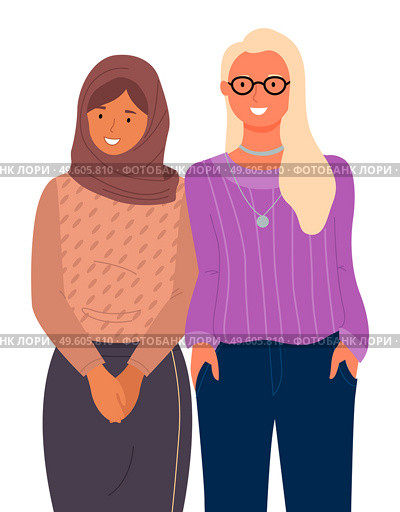 International nationality, woman wearing hijab standing near american blonde girl in glasses, young arabic girl smiling, pretty woman in purple sweater with accessory, diverse nations, ethnicity. International nationality, woman wearing hijab standing near american blonde girl in glasses. Стоковая иллюстрация, агентство Ingram Publishing / Фотобанк Лори
