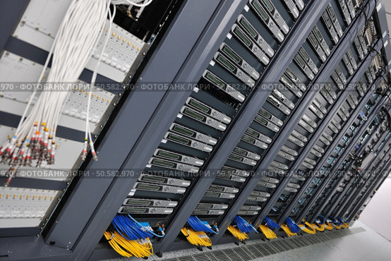 internet network server room with computers racks and digital receiver for digital tv. Стоковое фото, агентство Ingram Publishing / Фотобанк Лори
