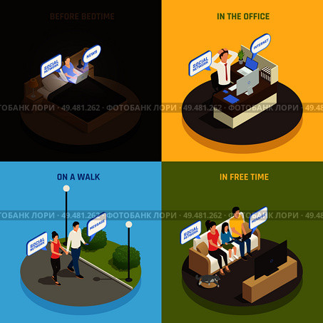 Internet smartphone gadget addiction isometric 2x2 design concept with people characters and devices in various situations vector illustration. Gadgets Everywhere Design Concept. Стоковая иллюстрация, агентство Ingram Publishing / Фотобанк Лори