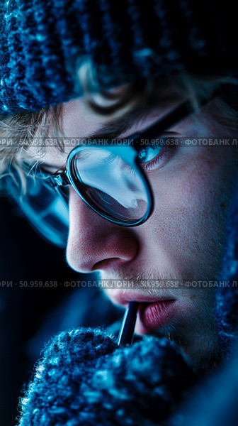 Intimate portrait of a pensive young man in round spectacles and warm knitwear, bathed in striking cool blue illumination, creating a serene winter concept. Стоковое AI-изображение, AI-художник Данила Большаков / Фотобанк Лори