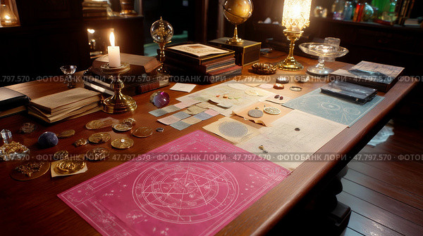 Intricate tabletop display of mystical artifacts and ancient manuscripts in a dimly lit room. Стоковое AI-изображение, AI-художник Сергей Толмачёв / Фотобанк Лори