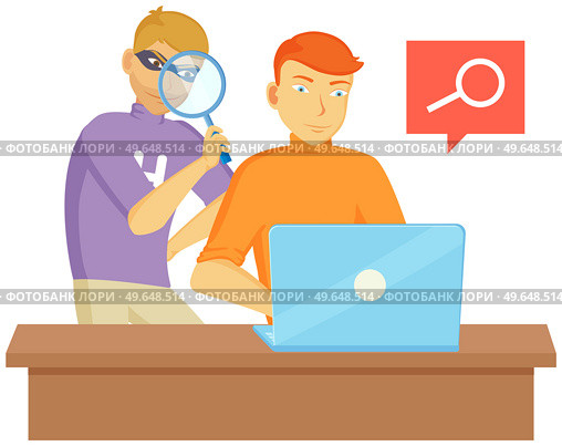 Intruder looking through magnifying glass. Cunning guy holding loupe, looking for something in laptop, planned something amiss. Young man standing holding magnifier, looking for something and watching. Intruder looking through magnifying glass. Cunning guy holding loupe looking for something in laptop. Стоковая иллюстрация, агентство Ingram Publishing / Фотобанк Лори
