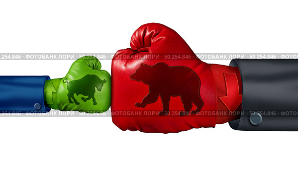 Investing in a bear stock market as a big bearish symbol fighting a small bull icon as a financial and economic battle with strong negative market forces with 3D illustration elements. Стоковое фото, агентство Ingram Publishing / Фотобанк Лори