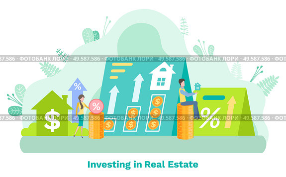 Investing in real estate, man and woman selling, percent and rising arrow icons, savings for buying house, mortgage and construction, invest vector. Money and Percent, Invest in Residential Vector. Стоковая иллюстрация, агентство Ingram Publishing / Фотобанк Лори