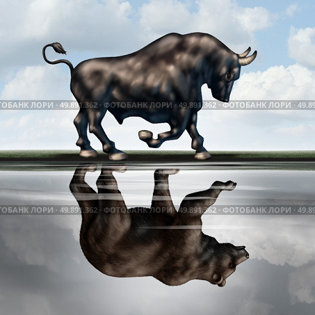 Investing warning signs as a financial stock market metaphor with a bull creating a reflection in the water of a bear as an economic downturn or recession forecast in a 3D illustration style. Стоковое фото, агентство Ingram Publishing / Фотобанк Лори