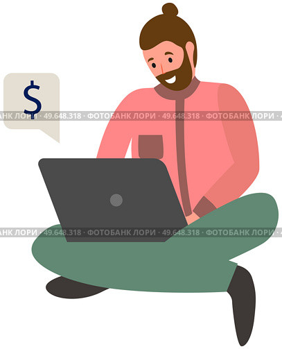 Investment growth with digital technology. Businessman sitting is working on laptop. Accumulating and collecting money. Savings, rich and wealth concept. Man with computer exaggerates profit. Businessman sitting on wallet is working with money on laptop. Man with computer exaggerates profit. Стоковая иллюстрация, агентство Ingram Publishing / Фотобанк Лори
