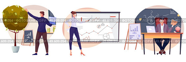 Investment set of isolated compositions with flat characters of financial specialists at working places with diagrams vector illustration. Investment Flat Compositions Set. Стоковая иллюстрация, агентство Ingram Publishing / Фотобанк Лори
