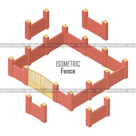 Iron Fence with Brick Columns Isolated on White. Iron fence with brick columns isolated on white. Gate with wicket in flat style design. Isometric projection. Metal gates, wrought iron, lattice gates and fences for yard. Vector illustration. Стоковая иллюстрация, агентство Ingram Publishing / Фотобанк Лори