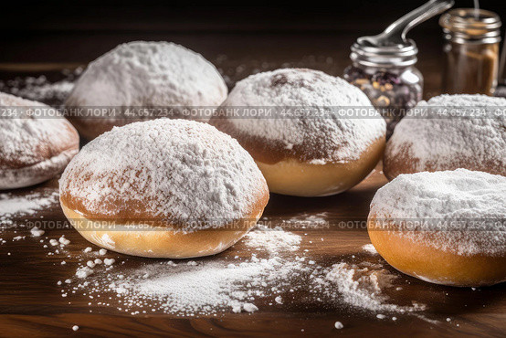 Irresistible Sufganiyot powdered sugar. Generate Ai. Стоковое AI-изображение, AI-художник Иван Рябоконь / Фотобанк Лори