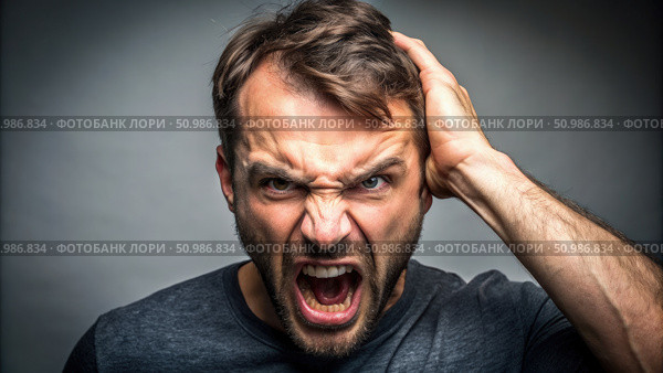 Irritated Man With Hand on Head Against Grey Background. Generative AI. Стоковое AI-изображение, AI-художник Roman Zavorotny / Фотобанк Лори