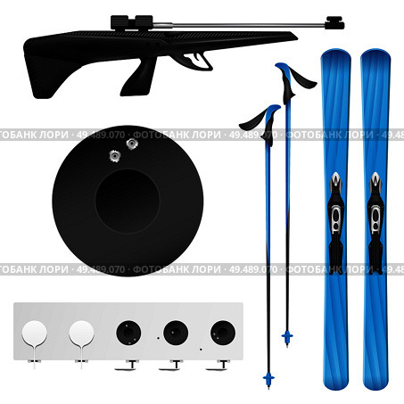 Isolated and colored realistic biathlon icon set with tools and equipment of biathlonist vector illustration. Стоковая иллюстрация, агентство Ingram Publishing / Фотобанк Лори