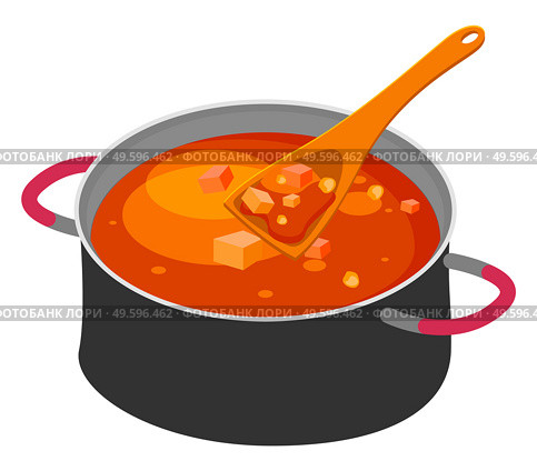 Isolated at white background big steel pan with borsch or red beet soup, wooden spoon or scoop. Delicious dish with vegetables. Traditional ukrainian cuisine. Healthy food, homemade. Web icon. Big steel pan with borsch or red beet soup, wooden spoon or scoop, delicious dish with vegetables. Стоковая иллюстрация, агентство Ingram Publishing / Фотобанк Лори