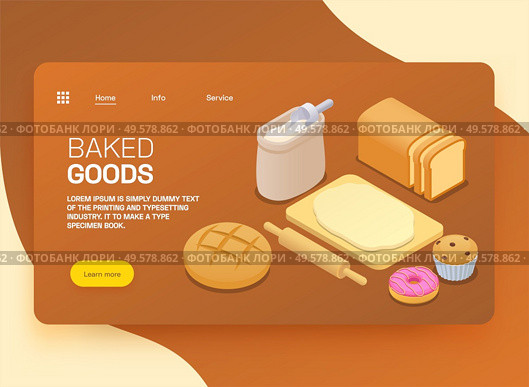 Isometric banner with baked bread cupcake donut flour dough and rolling pin 3d vector illustration. Стоковая иллюстрация, агентство Ingram Publishing / Фотобанк Лори