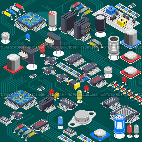 Isometric Circuit Board Composition. Semiconductor electronic circuit board isometric background with electrolytic capacitors processors and various microcomponents installed on backboard vector illustration. Стоковая иллюстрация, агентство Ingram Publishing / Фотобанк Лори