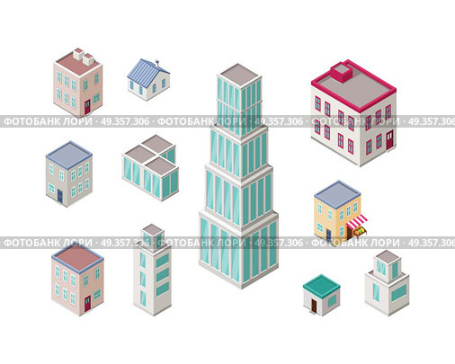 Isometric City Buildings Vector Set. Isometry. Isometric city buildings vector set. Isometry icons of city. Modern architecture, skyscraper exterior, clean city. Home and office buildings. Eco friendly environment. Residential estate cityscape. Стоковая иллюстрация, агентство Ingram Publishing / Фотобанк Лори