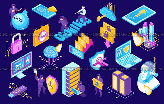 Isometric cybersecurity horizontal set of isolated icons and robber characters with electronic devices and protection signs vector illustration. Стоковая иллюстрация, агентство Ingram Publishing / Фотобанк Лори
