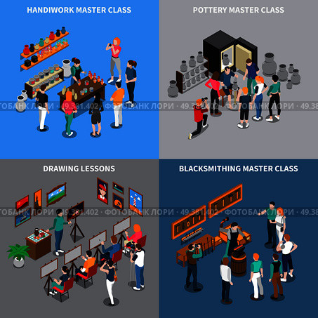 Isometric design concept with master class for handiwork, pottery and blacksmithing, drawing lessons isolated vector illustration. Master Class Isometric Concept. Стоковая иллюстрация, агентство Ingram Publishing / Фотобанк Лори