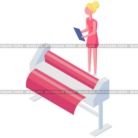 Isometric factory printer. Girl working with equipment isolated on white background. Office or production technique. Installation for printing. Technique, printer, printing machine vector illustration. Isometric factory printer. Girl working with equipment. Installation for printing colored papers. Стоковая иллюстрация, агентство Ingram Publishing / Фотобанк Лори