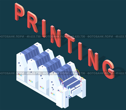 Isometric factory printer. Photocopier isolated on dark background. Office or production equipment. Technology for printing money. Technique, printer, printing machine near inscription printing. Isometric factory printer near inscription printing. Office or production equipment, technology. Стоковая иллюстрация, агентство Ingram Publishing / Фотобанк Лори