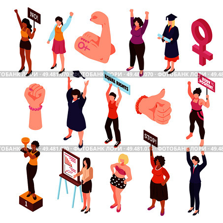 Isometric feminism set of isolated fists and characters of women protesting and picketing for equal rights vector illustration. Isometric Feminist Characters Set. Стоковая иллюстрация, агентство Ingram Publishing / Фотобанк Лори