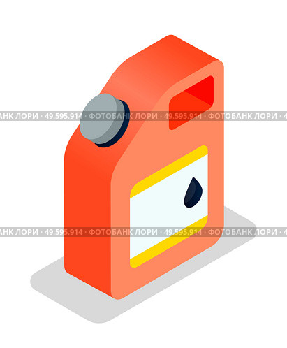 Isometric image of a red iron canister for gasoline or oil. Chemical fluid container. Chemically hazardous liquid petroleum product. Storage of combustible materials. Flat vector illustration isolated. Iron red canister for oil or gasoline. Liquid combustible product. Oil refining. Flat image. Стоковая иллюстрация, агентство Ingram Publishing / Фотобанк Лори