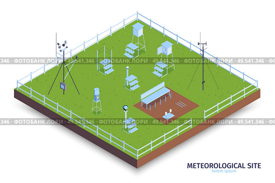 Isometric meteorological center composition with view of fenced green area and weather observing equipment with stairs vector illustration. Стоковая иллюстрация, агентство Ingram Publishing / Фотобанк Лори