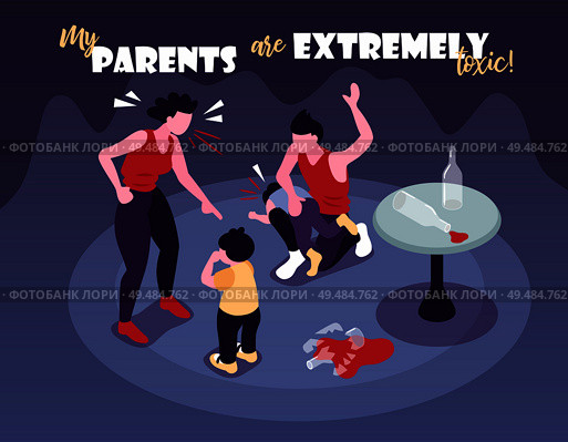 Isometric negative parenting background composition with text and faceless characters of alcoholic parents beating their kids vector illustration. Стоковая иллюстрация, агентство Ingram Publishing / Фотобанк Лори