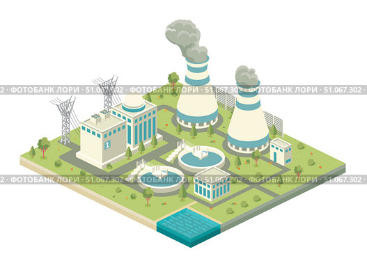Isometric nuclear power plant with reactor building, cooling towers emitting steam, power lines, water treatment pools, and surrounding landscaped area. Стоковая иллюстрация, иллюстратор Игорь Сорокин / Фотобанк Лори