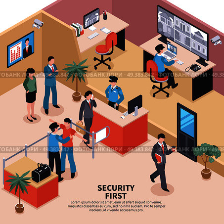 Isometric security system control composition with editable text and office entrance checkpoint interior with workers inspection vector illustration. Security In Office Background. Стоковая иллюстрация, агентство Ingram Publishing / Фотобанк Лори