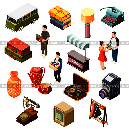 Isometric set of icons with various goods from flea market and customers isolated on white background 3d vector illustration. Flea Market Isometric Icons Set. Стоковая иллюстрация, агентство Ingram Publishing / Фотобанк Лори