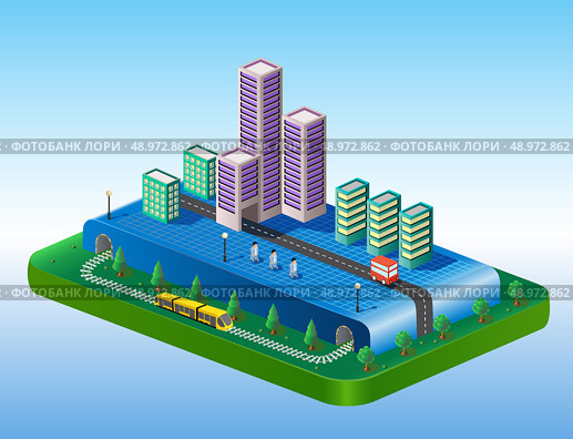 Isometric view of the city on the basis of color with a yellow train. Стоковая иллюстрация, агентство Ingram Publishing / Фотобанк Лори