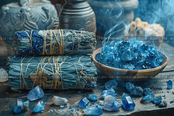 Items that are often associated with meditation, esotericism or relaxation practices. In the center of the frame is a wooden bowl filled with bright blue crystals, likely lapis lazuli stones. To the left of the bowl are bundles of cloth and herbs, similar to resins or smoking sticks, that can be used for space cleansing or aromatherapy. Smoke from the resin floats above the bowl, giving the scene a mystical atmosphere. The background is made up of antique vases and natural wood, which emphasizes the naturalness and traditionality of the scene. Стоковое AI-изображение, AI-художник Анна Кривицкая / Фотобанк Лори