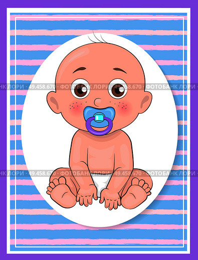 Its a boy poster newborn toddler with pacifier in mouth and dressed in diapers vector illustration of bold infant male isolated on blue in oval frame.. It Boy Poster Newborn Toddler with Pacifier Vector. Стоковая иллюстрация, агентство Ingram Publishing / Фотобанк Лори