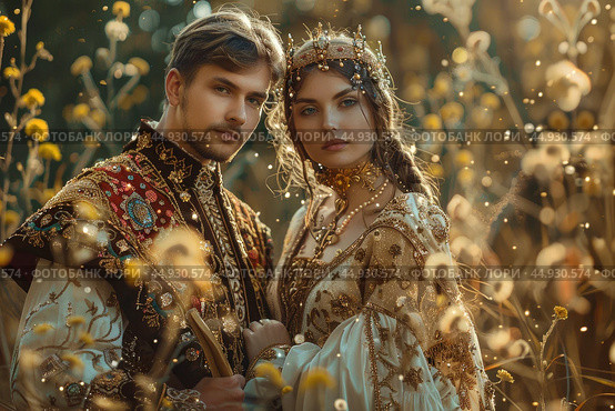Ivan the Fool and Vasilisa the Beautiful in a whimsical scene from Russian folklore, full of charm and magic. Редакционное AI-изображение, AI-художник Veniamin Kraskov / Фотобанк Лори