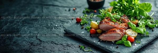 Изысканная утиная ножка-конфи с хрустящей корочкой и свежей зеленью на грифельной тарелке. Стоковое AI-изображение, AI-художник ФотоИнтеллект / Фотобанк Лори