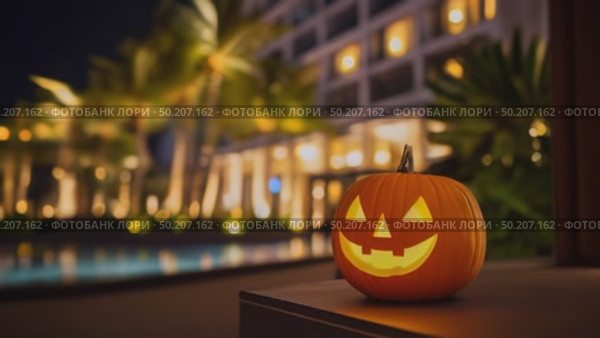 Jack-o'-lantern with glowing face placed on a table beside a shimmering pool, surrounded by palm trees and festive lights, creating a vibrant Halloween atmosphere. Стоковое AI-видео, аниматор Ирина Ручушкина / Фотобанк Лори