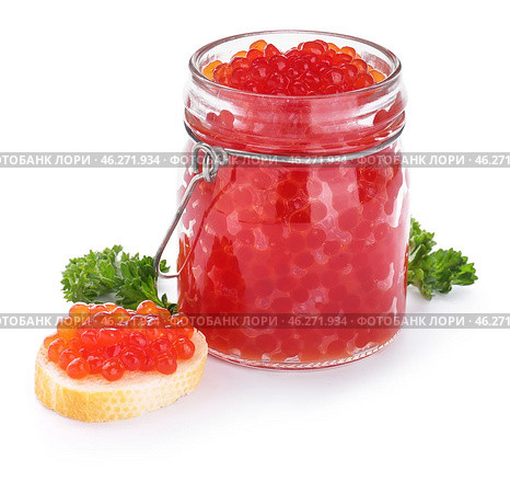 Jar with red caviar and bread on white background. Стоковое фото, фотограф Pixel_shot / Фотобанк Лори