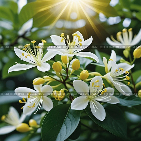 Jasmine Jasminum officinale in olive family of Oleaceae cultivated for tea fragrance. White flowers with yellow centers, blooming on a bush with green leaves. Sun shines brightly in background. AI. Стоковая иллюстрация, иллюстратор Юлия Петровская / Фотобанк Лори