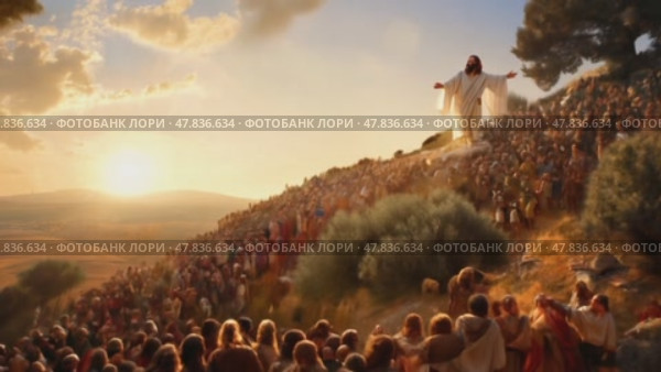 Jesus teaches a large crowd on a hillside during sunset in a tranquil rural landscape. Стоковое AI-видео, аниматор Климов Денис / Фотобанк Лори