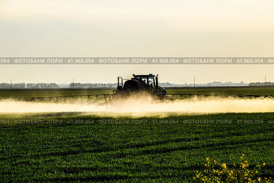 Jets of liquid fertilizer from the tractor sprayer. Стоковое фото, фотограф Леонид Еремейчук / Фотобанк Лори